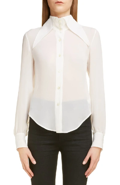 Saint Laurent Oversized Collar Sheer Silk Button-down Blouse In White