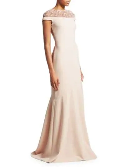 Theia Embellished Neckline Stretch Crepe Gown In Blush