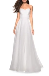 La Femme Strapless Metallic Organza Gown In White