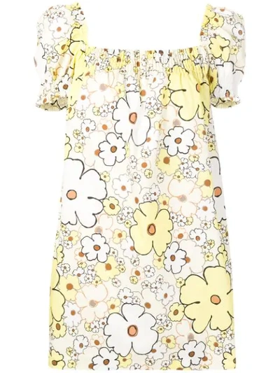 Miu Miu Floral-print Square-neck Cotton-poplin Mini Dress In F0032 Vanilla