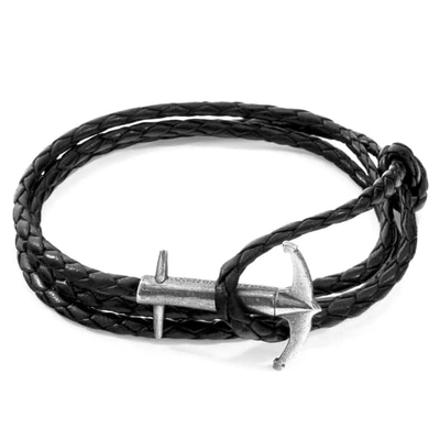 Anchor & Crew Coal Black Admiral Anchor Silver & Braided Leather Bracelet