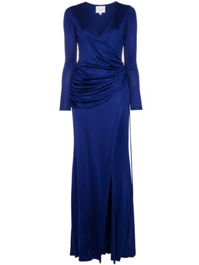 Galvan Allegra Ruched Side High Split Maxi Dress In Blue