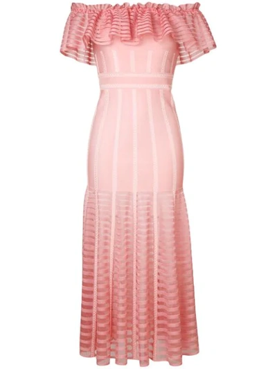 Alexander Mcqueen Ruffled Off-the-shoulder Mesh-paneled Knitted Dress In Anemone