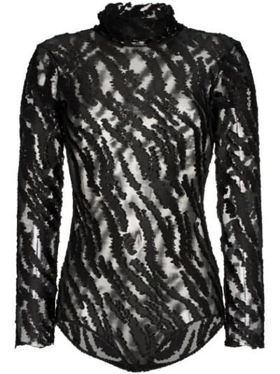 Alexia Hentsch High Neck Metallic Tiger Stripe Mesh Bodysuit In Black