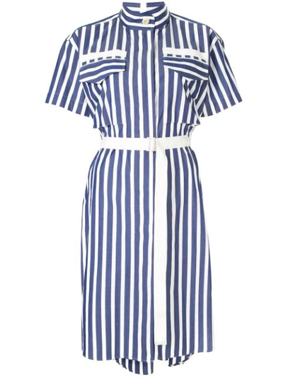 Sacai Striped Belted Shirt Dress In 428 Blue×white Stripe