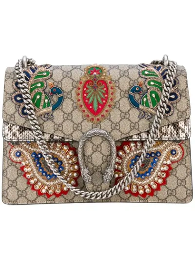 Gucci Dionysus Medium Appliquéd Embellished Coated-canvas And Snake Shoulder Bag In Gg Supreme