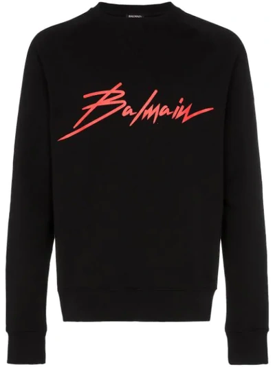 Balmain Crew Neck Logo Cotton Sweatshirt In Black