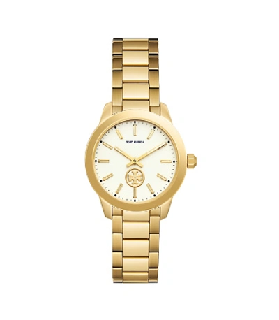 Tory Burch Collins Goldtone Stainless Steel Bracelet Watch In White/gold