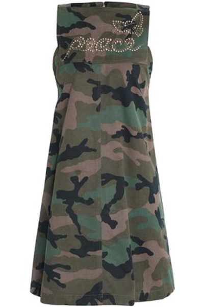 Valentino Studded Printed Cotton-gabardine Mini Dress In Army Green
