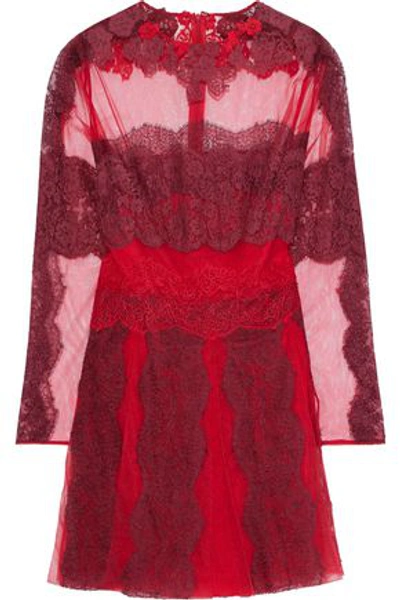 Valentino Woman Pleated Cotton-blend Lace-appliquéd Tulle Mini Dress Claret