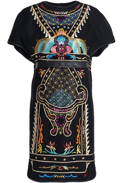 Valentino Leather-trimmed Embroidered Brushed-wool Mini Dress In Black