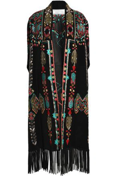 Valentino Woman Fringed Embroidered Suede Cape Black