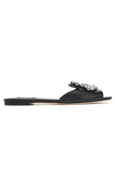 Dolce & Gabbana Woman Embellished Lizard-effect Leather Slides Black