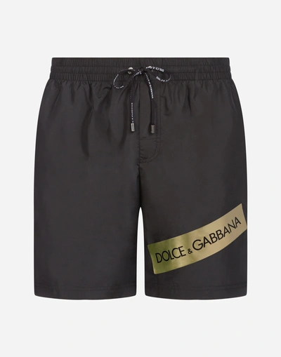 Dolce & Gabbana Mid Swimming Trunks With Logotape And Pouch Bag In Black