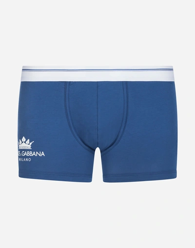 Dolce & Gabbana Boxers In Stretch Cotton Pima With Crown Print In Light Blue