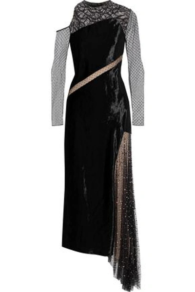 Jason Wu Woman Asymmetric Embellished Lace, Swiss-dot Tulle And Velvet Midi Dress Black