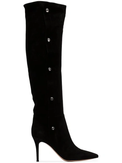 Gianvito Rossi Black Hazel Crystal Button 85 Suede Leather Boots