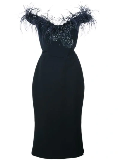 Marchesa Off-the-shoulder Feather-trimmed Sequined Cady Midi Dress In Midnight Blue