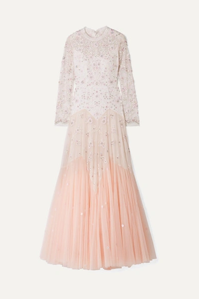 Needle & Thread Pearl Rose Cutout Embellished Embroidered Tulle Gown In Pastel Pink