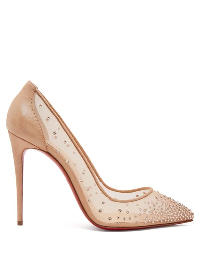 Christian Louboutin Follies Strass 100mm Red Sole Pumps With Cork In Beige/silver
