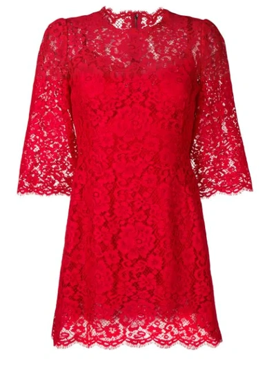 Dolce & Gabbana 3/4-flare Sleeve Cordonetto Lace Illusion Dress In Red