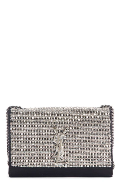 Saint Laurent Kate Monogram Ysl Small Crystal Satin Chain Crossbody Bag In Aged Silver/ Nero