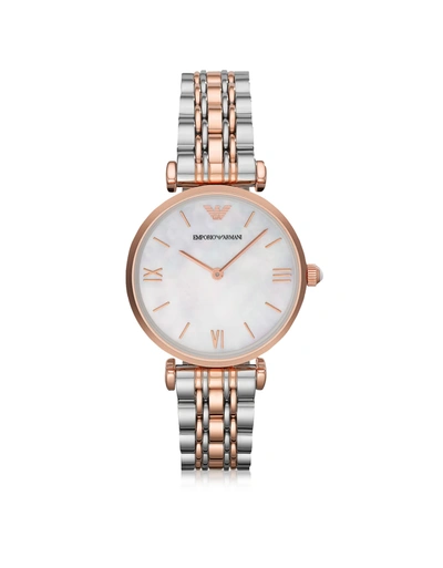 Emporio Armani White Mother-of-pearl Dial Stainless Steel And Rose Gold-tone Womens Watch In Mop