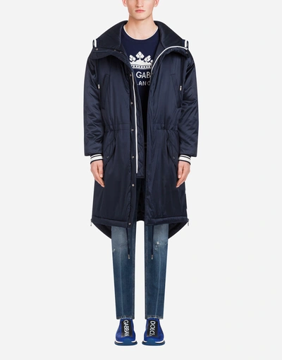 Dolce & Gabbana Satin Parka With Hood And Branded Plate In Blue