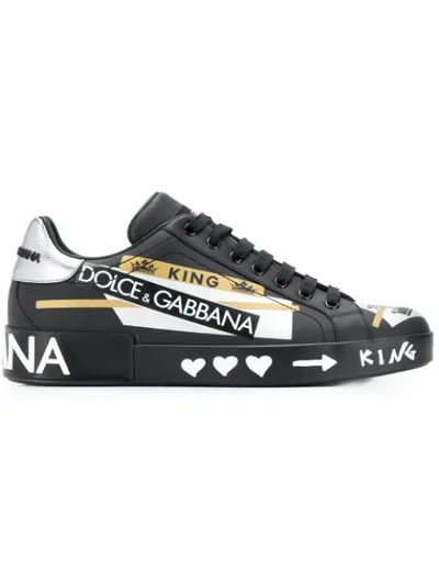 Dolce & Gabbana Portofino Sneakers In Printed Nappa Calfskin In Black