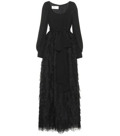 Valentino Long-sleeve Organza Scoop-neck Leaf Lace Gown In Black