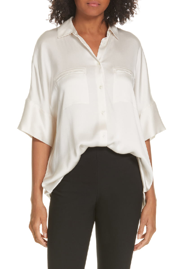 Vince Button-down Short-sleeve Silk Satin Blouse In Off White | ModeSens