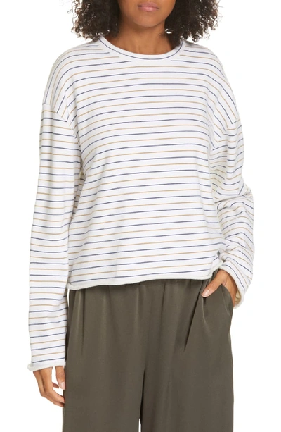 Vince Tri-stripe Long-sleeve Pullover Sweater In Off White/ Navy/ Brown