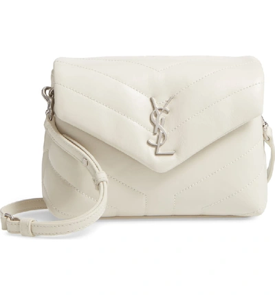Saint Laurent Loulou Monogram Ysl Mini V-flap Calf Leather Crossbody Bag - Nickel Oxide Hardware In Crema Soft