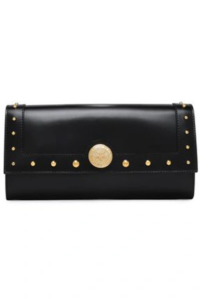 Balmain Woman Studded Glossed-leather Wallet Black