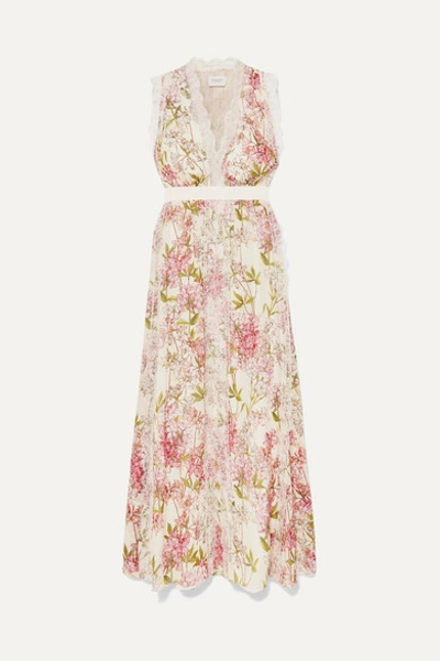 Giambattista Valli Floral-print Lace-trimmed Silk Crepe De Chine Gown In Neutrals