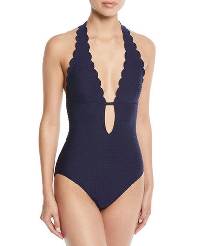 Kate Spade Halter Plunging Textured One-piece Swimsuit In French Navy