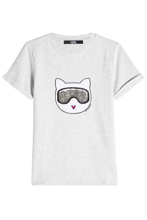 Karl Lagerfeld Furry Winter Choupette Cotton T-shirt, Grey | ModeSens