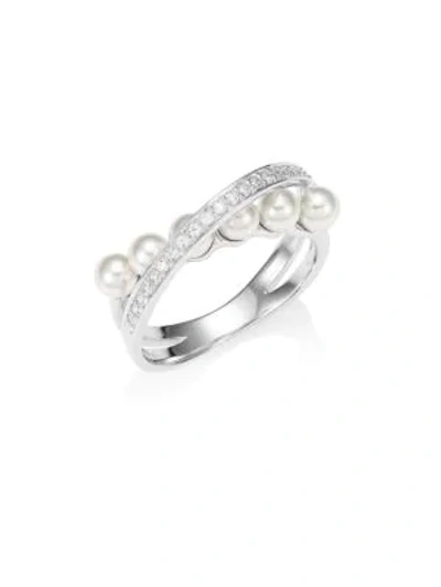 Majorica Women's Silver 4mm Round Pearl & Crystal Criss-cross Ring