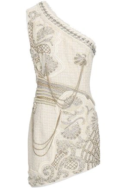 Balmain One-shoulder Embellished Tweed Mini Dress In Ecru