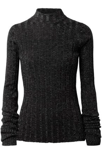 Theory Woman Metallic Ribbed Merino Wool-blend Turtleneck Sweater Black