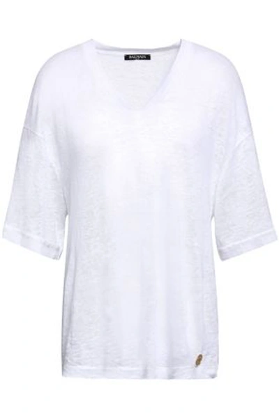 Balmain Woman Printed Linen-jersey T-shirt Off-white