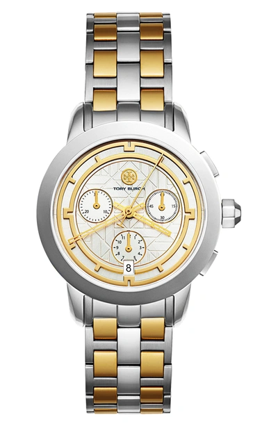Tory Burch Tory Chronograph Two-tone Stainless Steel Bracelet Watch In Ivory/silver
