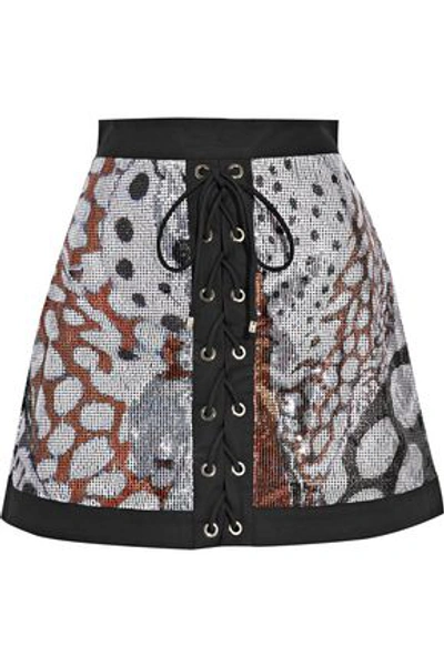 Roberto Cavalli Woman Stretch Twill-trimmed Sequined Mesh Mini Skirt Silver