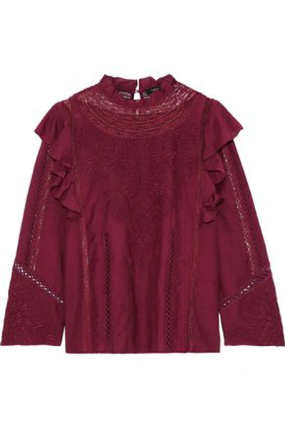 Love Sam Lace-trimmed Broderie Anglaise Cotton-blend Voile Blouse In Claret