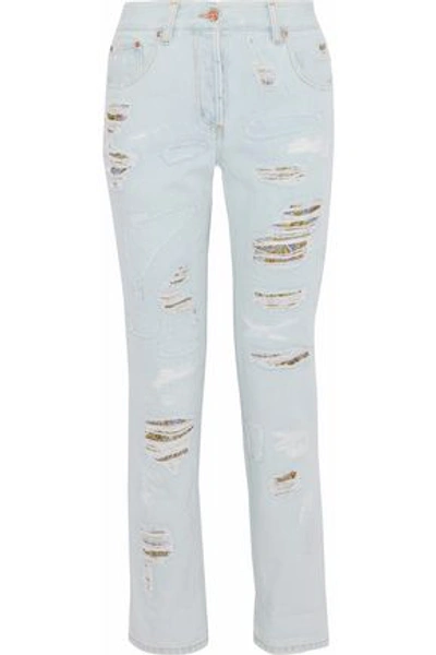 Roberto Cavalli Woman Brocade-paneled Distressed Mid-rise Boyfriend Jeans Sky Blue