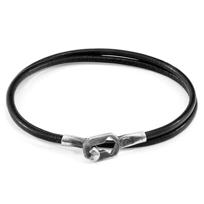 Anchor & Crew Raven Black Tenby Silver & Round Leather Bracelet