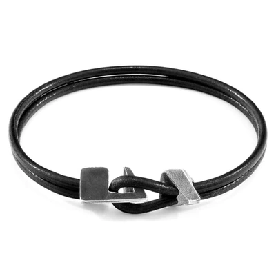 Anchor & Crew Raven Black Brixham Silver & Round Leather Bracelet