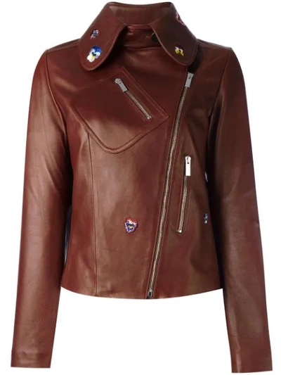 Christopher Kane Cropped Embroidered Leather Biker Jacket In Henna