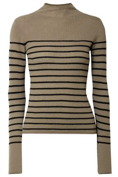 Vince . Woman Striped Ribbed-knit Cashmere Turtleneck Sweater Army Green In Taupe