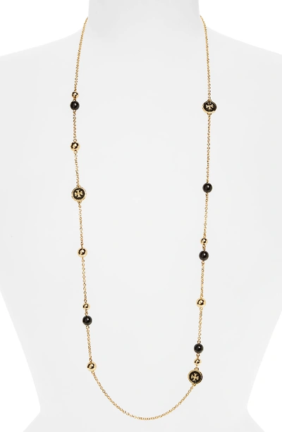 Tory Burch Lacquered Logo Rosary Necklace, 36" In Black/gold